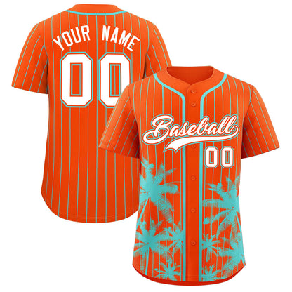 Custom Orange Aqua Pinstripe Coconut Tree Pattern Authentic Baseball Jersey