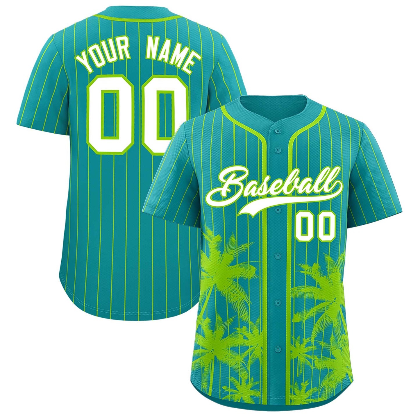 Custom Aqua Neon Green Pinstripe Coconut Tree Pattern Authentic Baseball Jersey