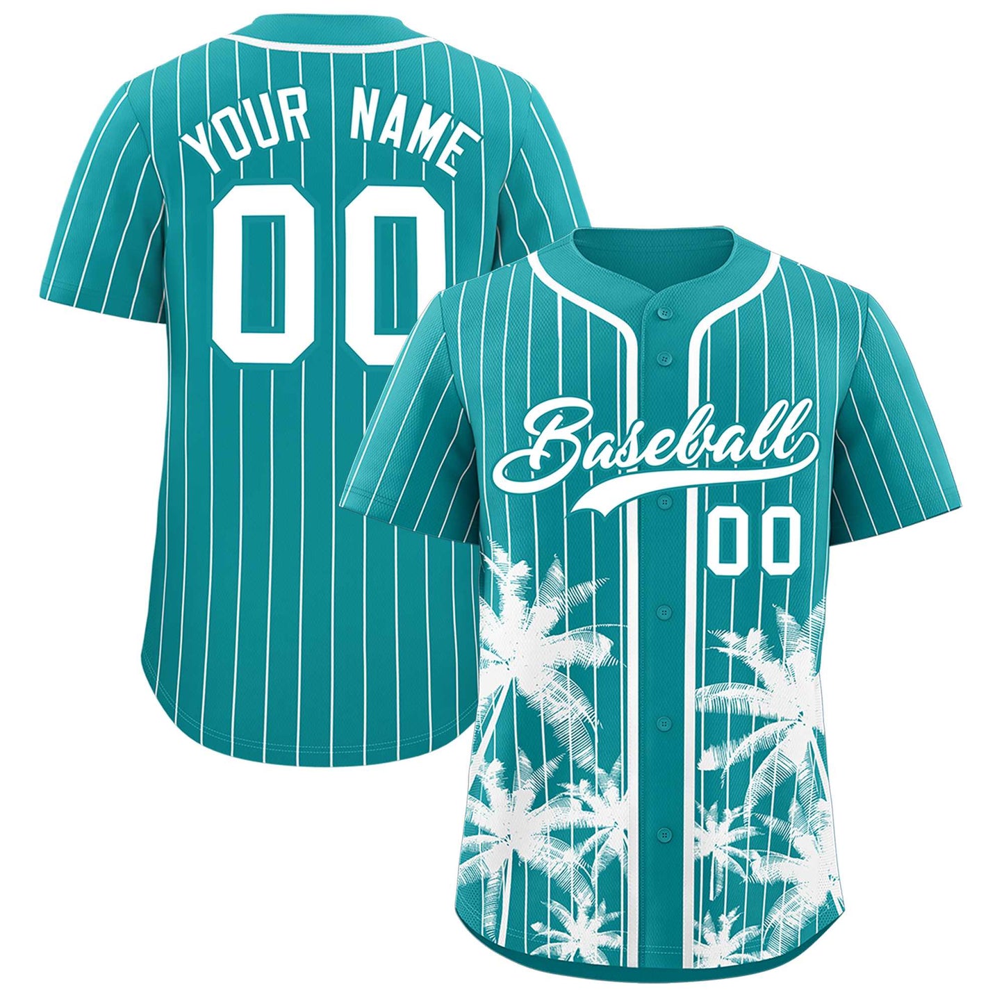 Custom Aqua White Pinstripe Coconut Tree Pattern Authentic Baseball Jersey