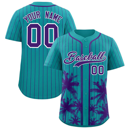 Custom Aqua Purple Pinstripe Coconut Tree Pattern Authentic Baseball Jersey