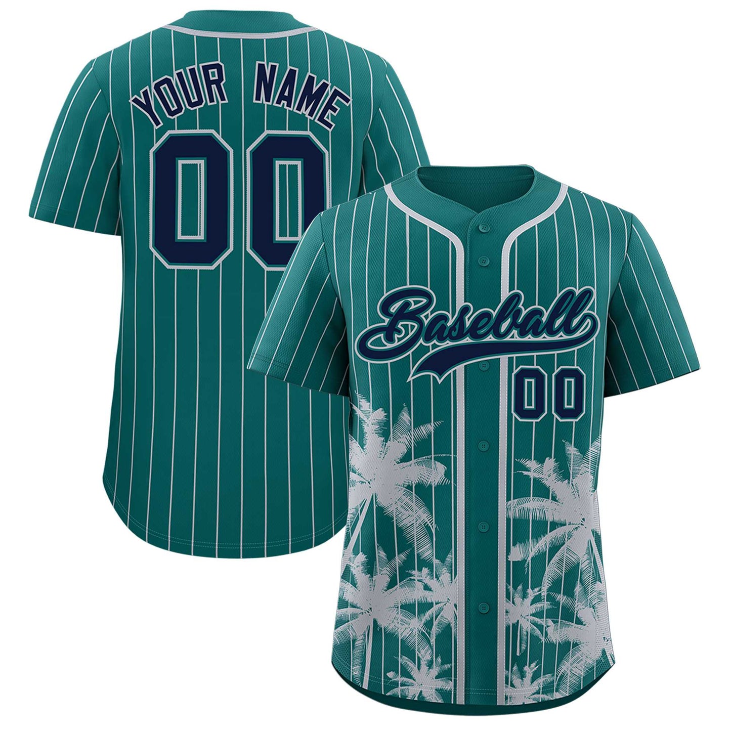 Custom Aqua Gray Pinstripe Coconut Tree Pattern Authentic Baseball Jersey