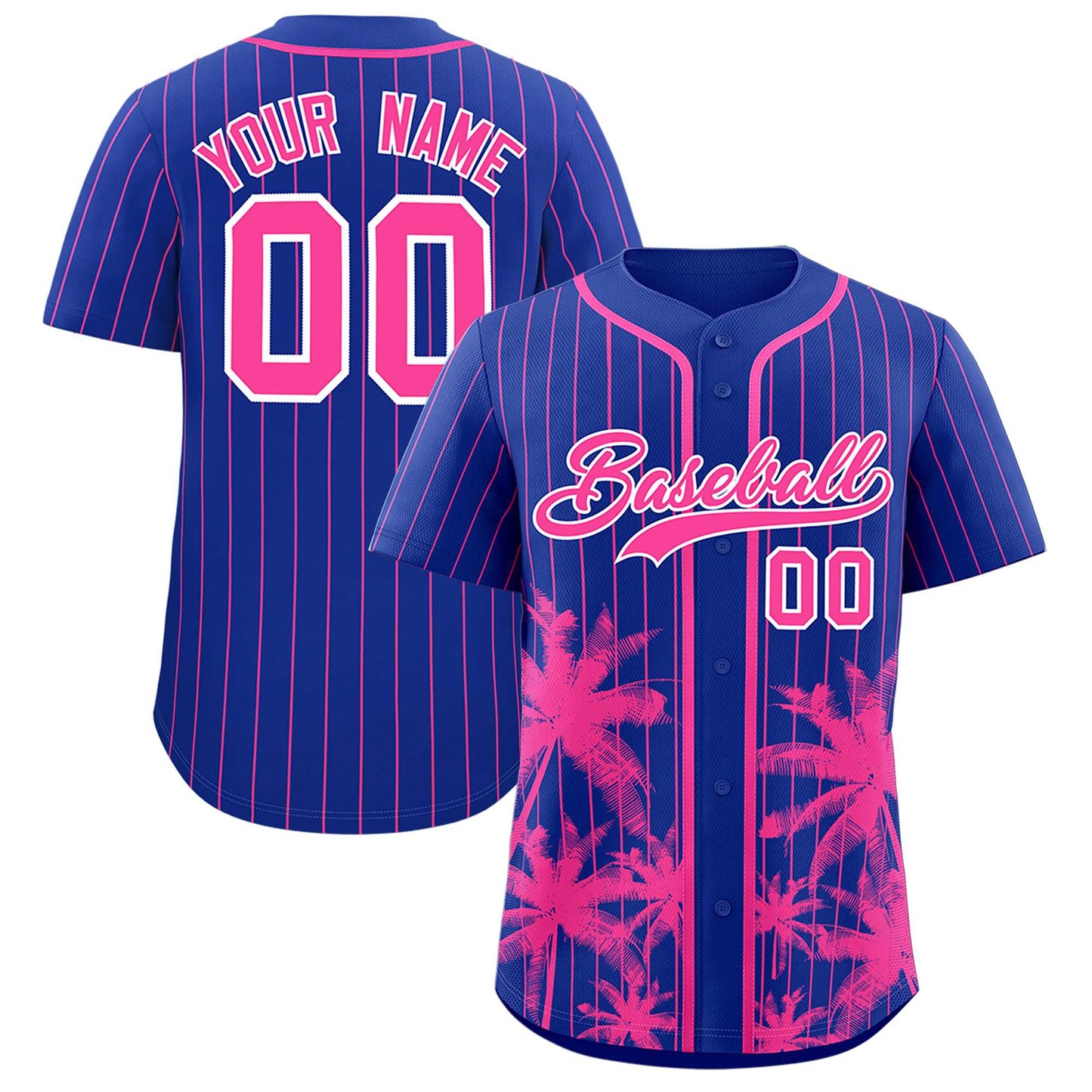 Custom Royal Pink Pinstripe Coconut Tree Pattern Authentic Baseball Jersey