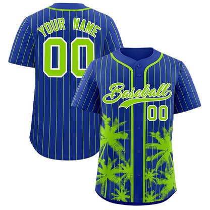 Custom Royal Neon Green Pinstripe Coconut Tree Pattern Authentic Baseball Jersey