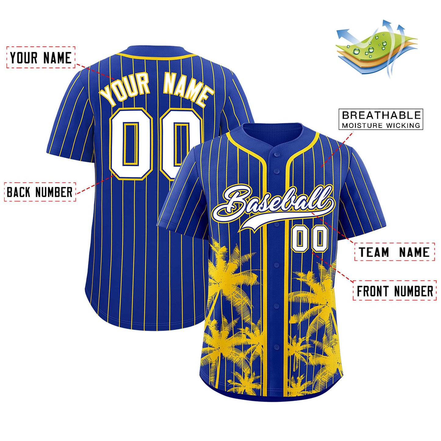 Custom Royal Gold Pinstripe Coconut Tree Pattern Authentic Baseball Jersey