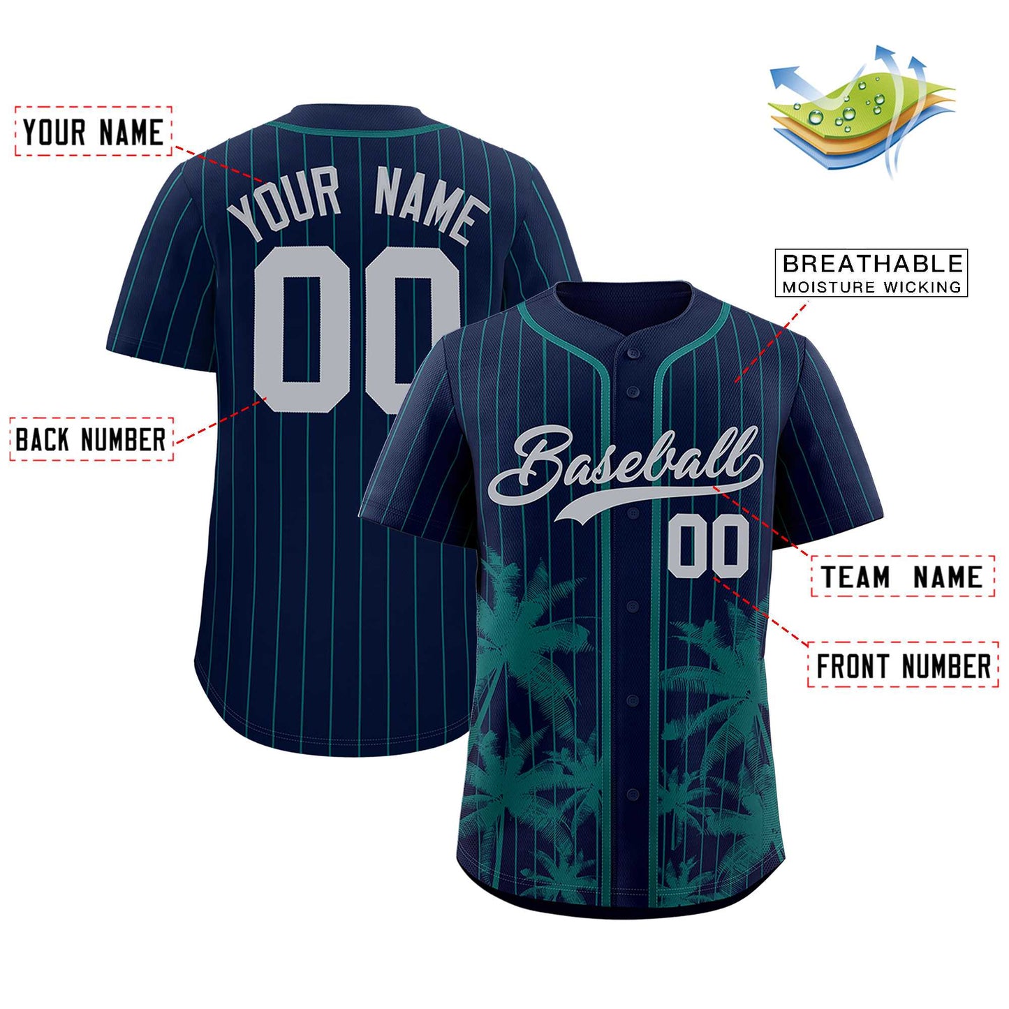 Custom Navy Aqua Pinstripe Coconut Tree Pattern Authentic Baseball Jersey