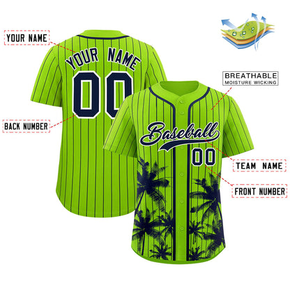 Custom Neon Green Navy Pinstripe Coconut Tree Pattern Authentic Baseball Jersey