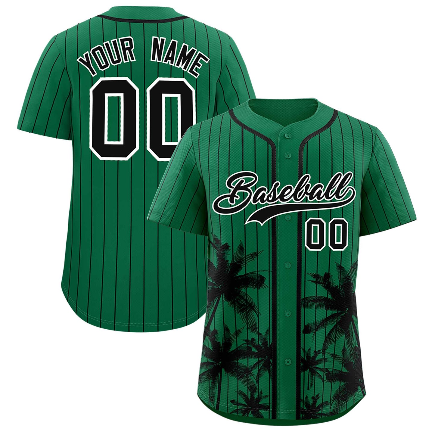 Custom Kelly Green Black Pinstripe Coconut Tree Pattern Authentic Baseball Jersey