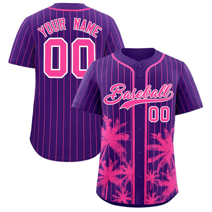 Custom Purple Pink Pinstripe Coconut Tree Pattern Authentic Baseball Jersey