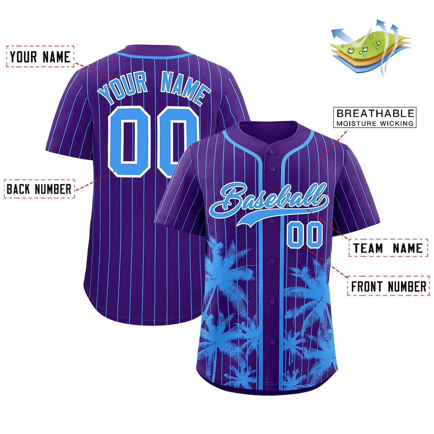 Custom Purple Powder Blue Pinstripe Coconut Tree Pattern Authentic Baseball Jersey