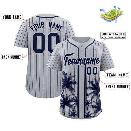 Custom Gray Navy Pinstripe Coconut Tree Pattern Authentic Baseball Jersey