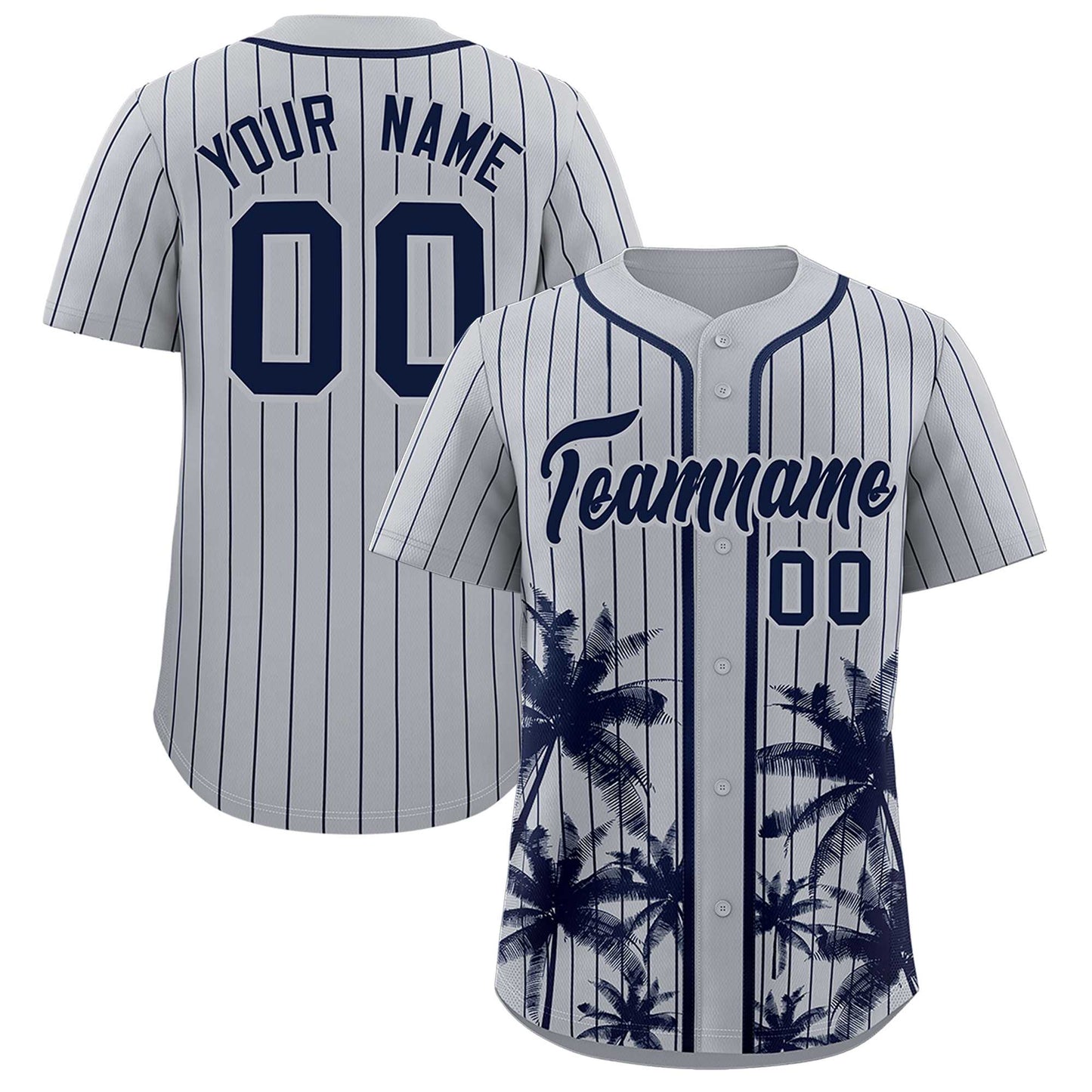 Custom Gray Navy Pinstripe Coconut Tree Pattern Authentic Baseball Jersey