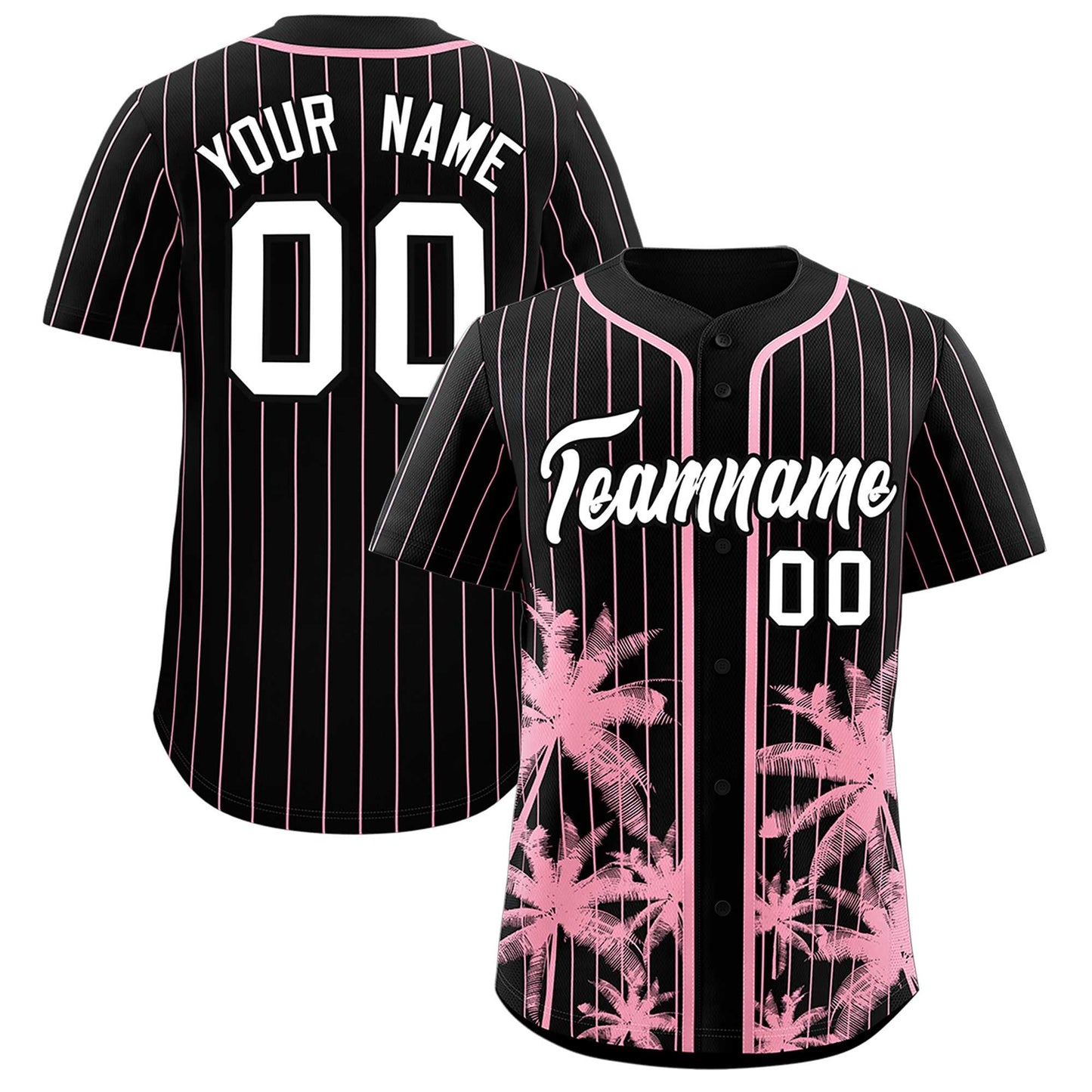 Custom Black Light Pink Pinstripe Coconut Tree Pattern Authentic Baseball Jersey