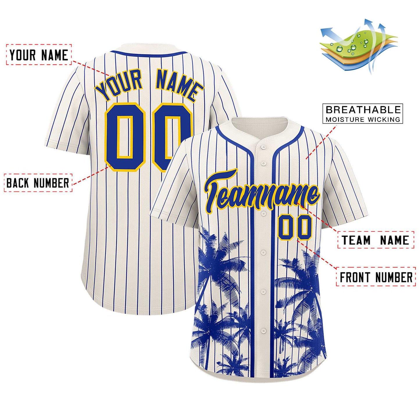 Custom Cream Royal Pinstripe Coconut Tree Pattern Authentic Baseball Jersey