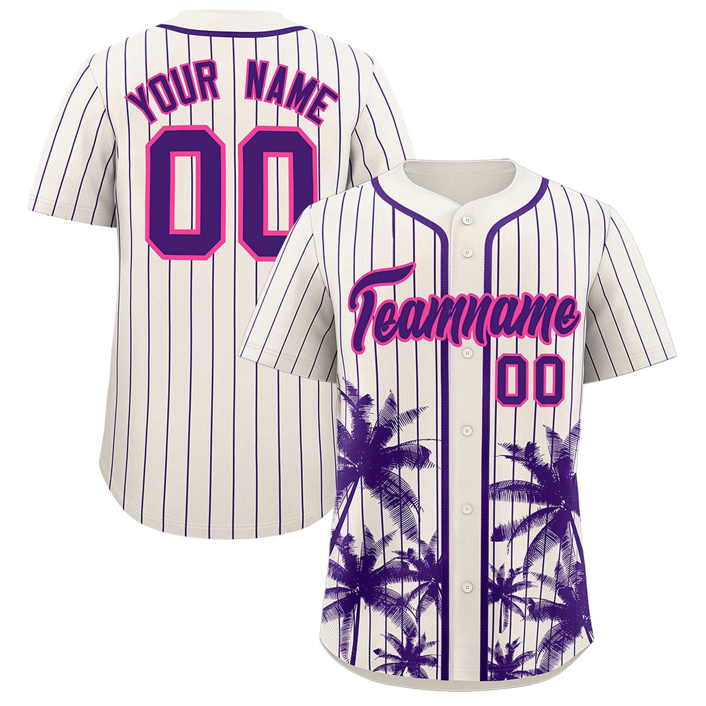 Custom Cream Purple Pinstripe Coconut Tree Pattern Authentic Baseball Jersey