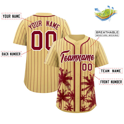 Custom Khaki Crimson Pinstripe Coconut Tree Pattern Authentic Baseball Jersey