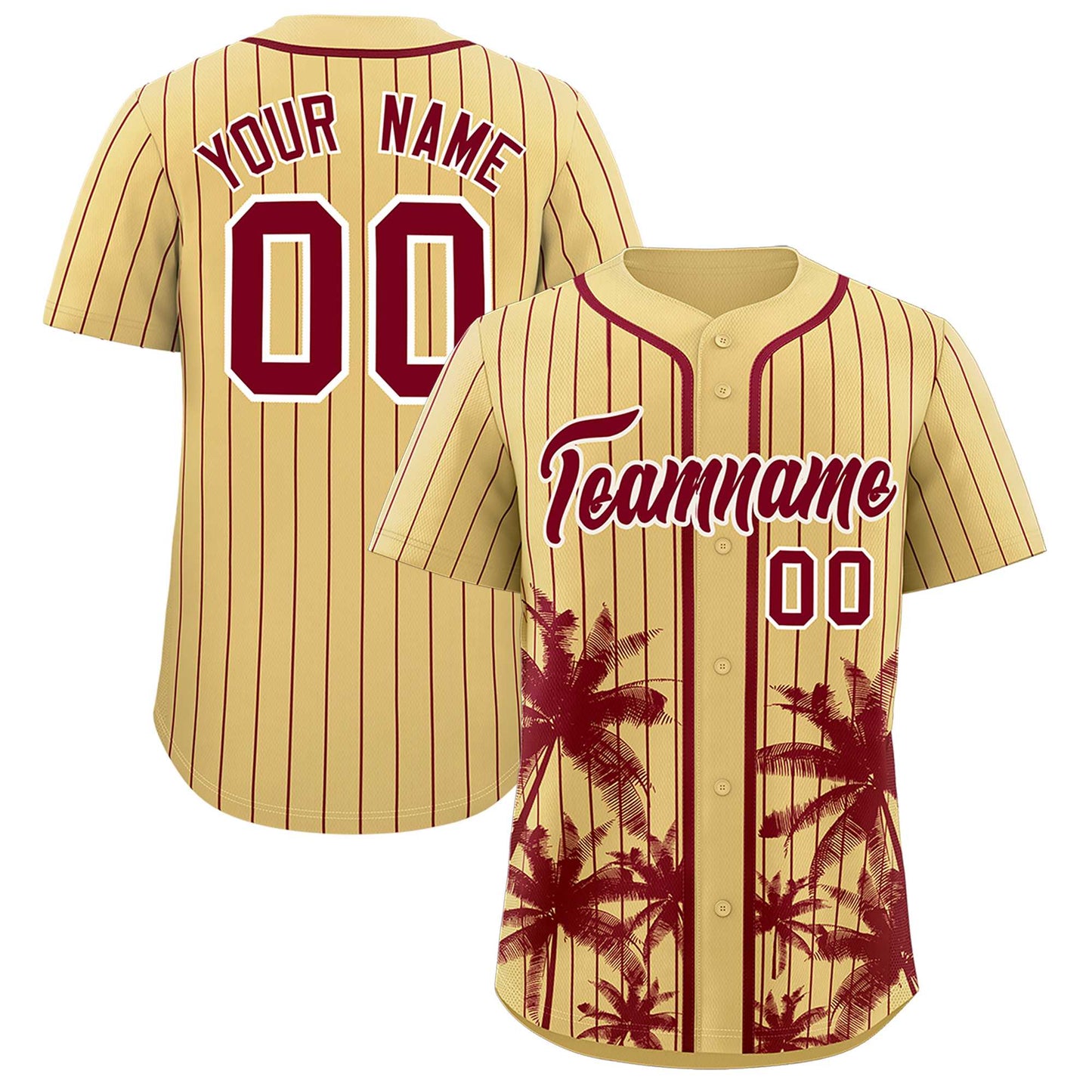 Custom Khaki Crimson Pinstripe Coconut Tree Pattern Authentic Baseball Jersey