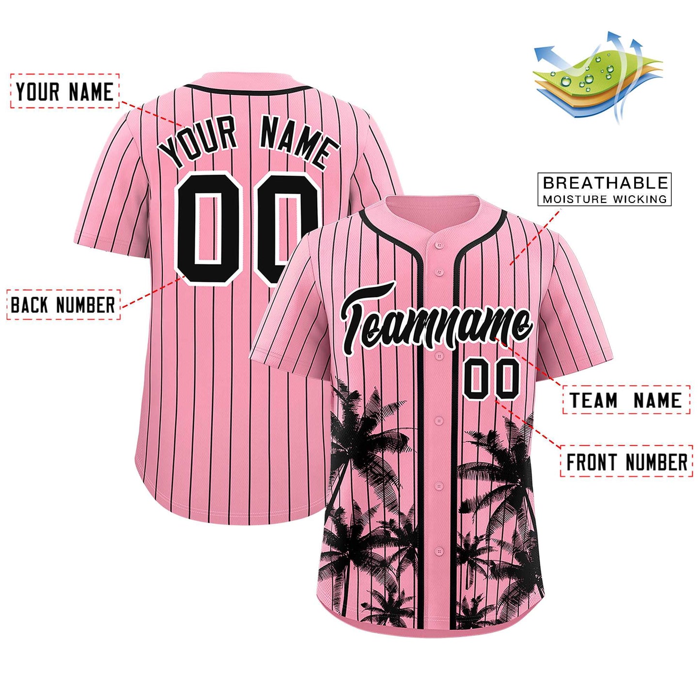 Custom Light Pink Black Pinstripe Coconut Tree Pattern Authentic Baseball Jersey