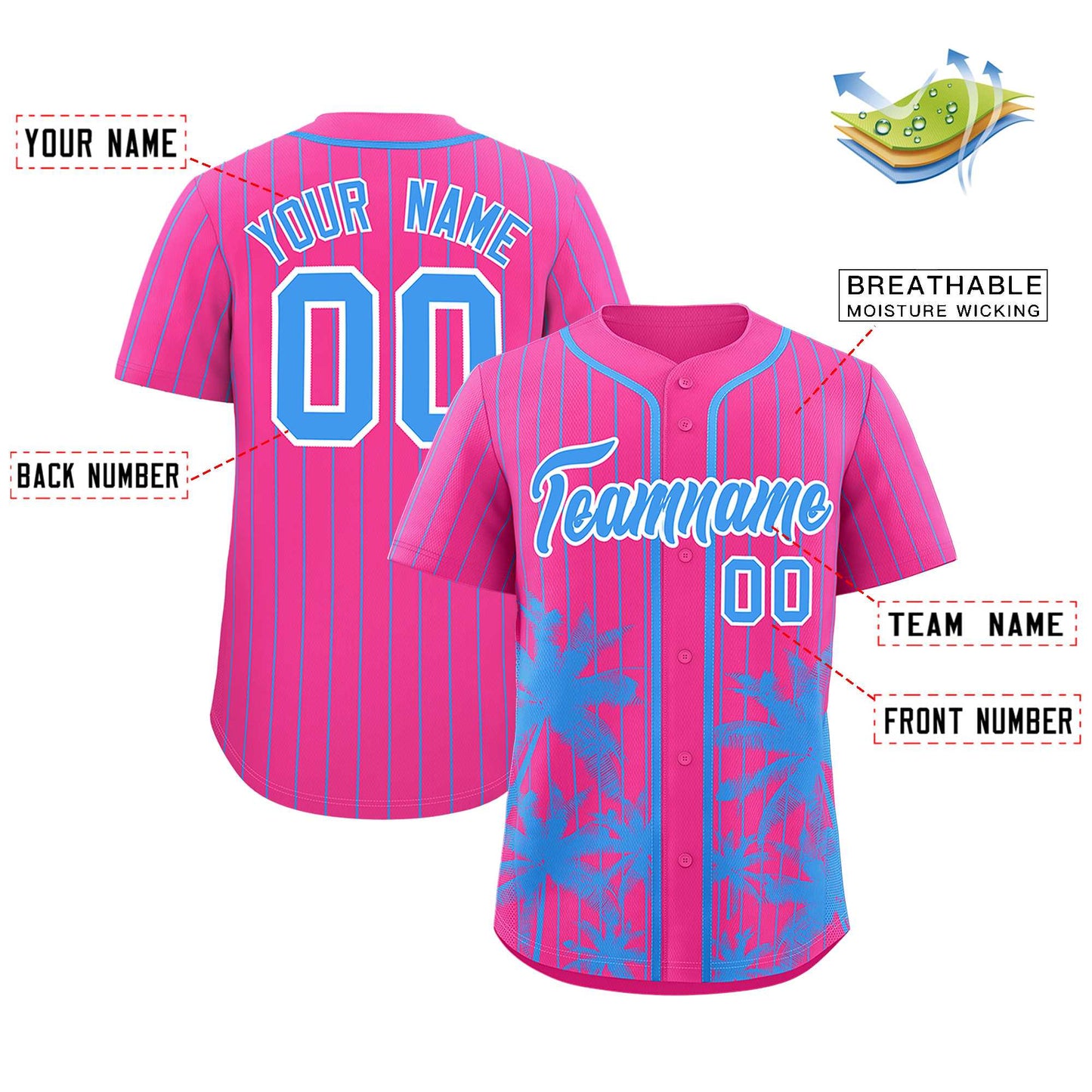 Custom Pink Powder Blue Pinstripe Coconut Tree Pattern Authentic Baseball Jersey