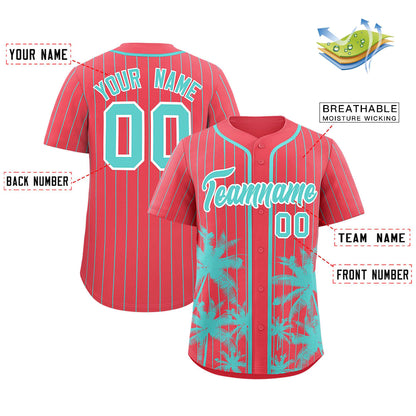 Custom Light Red Bright Green Pinstripe Coconut Tree Pattern Authentic Baseball Jersey