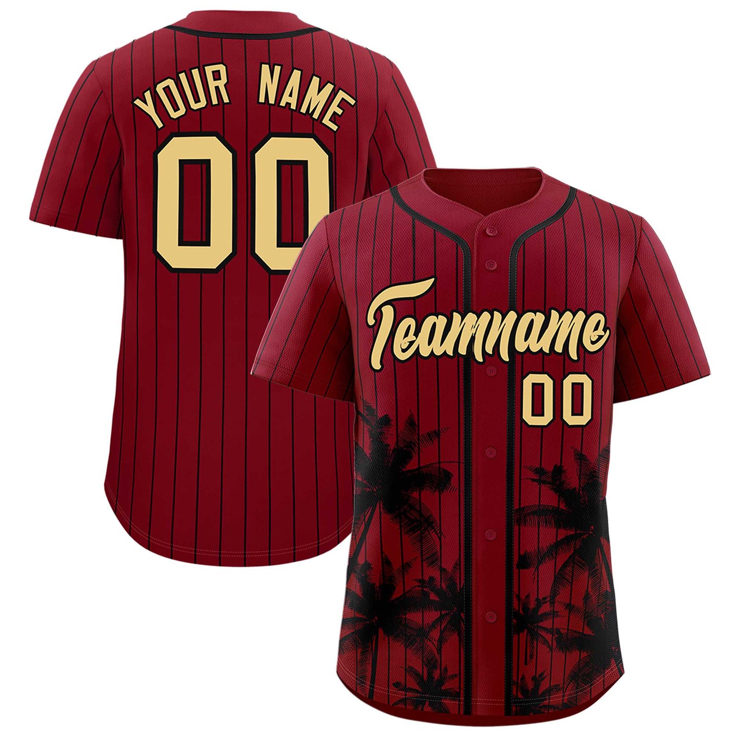 Custom Crimson Black Pinstripe Coconut Tree Pattern Authentic Baseball Jersey