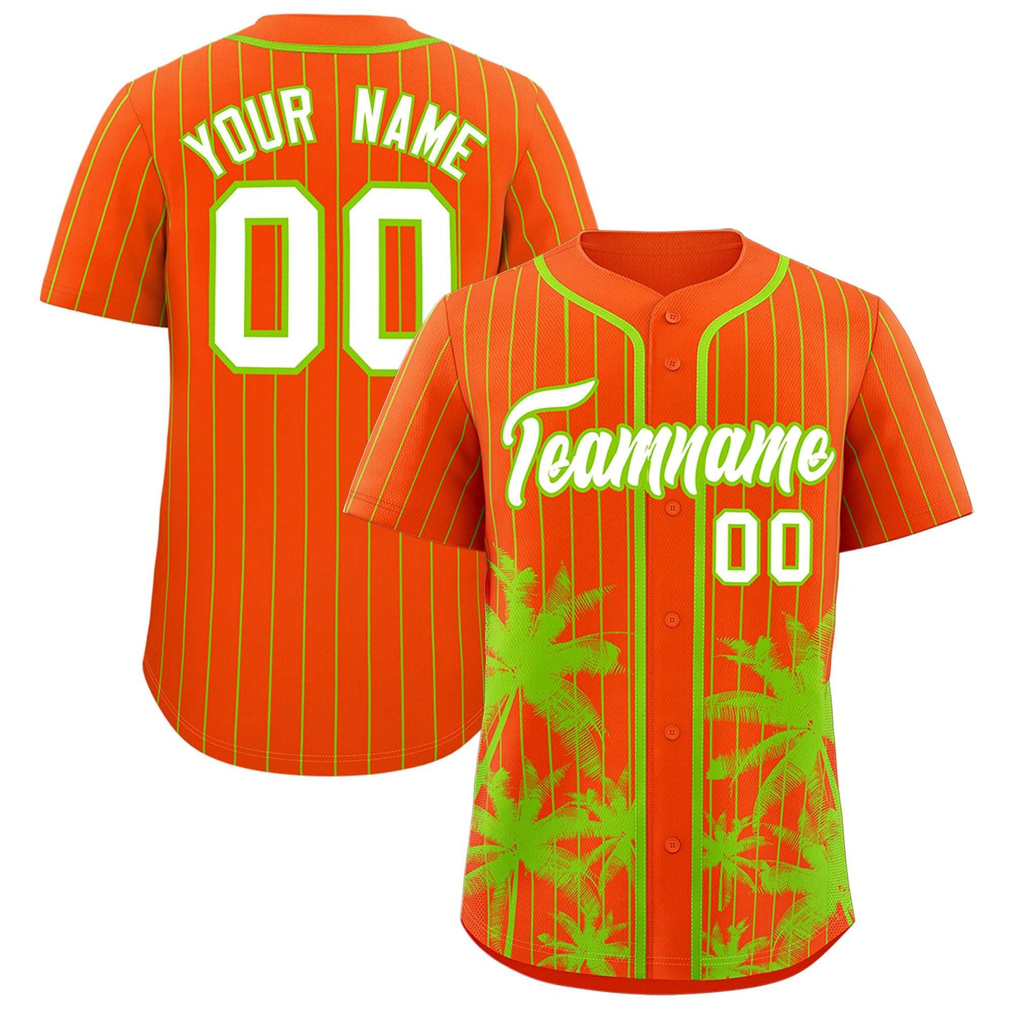 Custom Orange Neon Green Pinstripe Coconut Tree Pattern Authentic Baseball Jersey