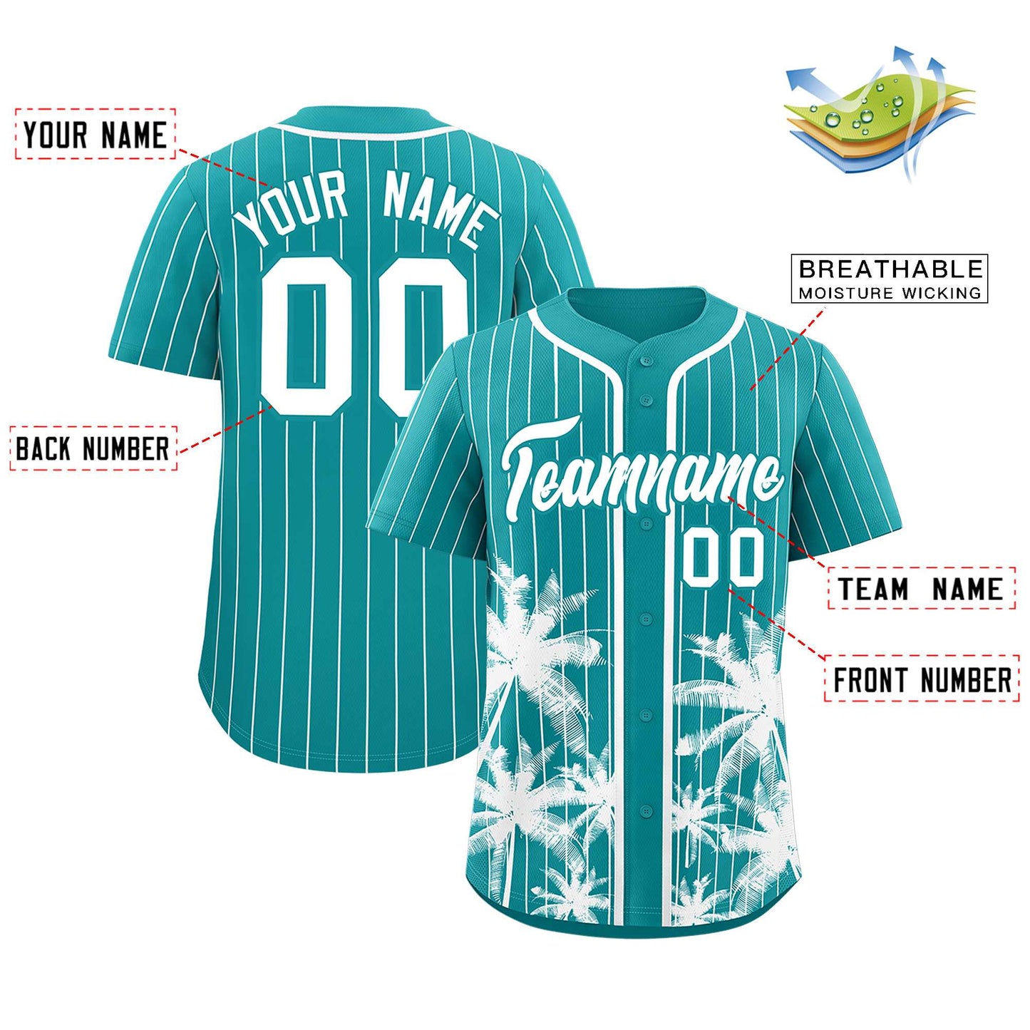 Custom Aqua White Pinstripe Coconut Tree Pattern Authentic Baseball Jersey