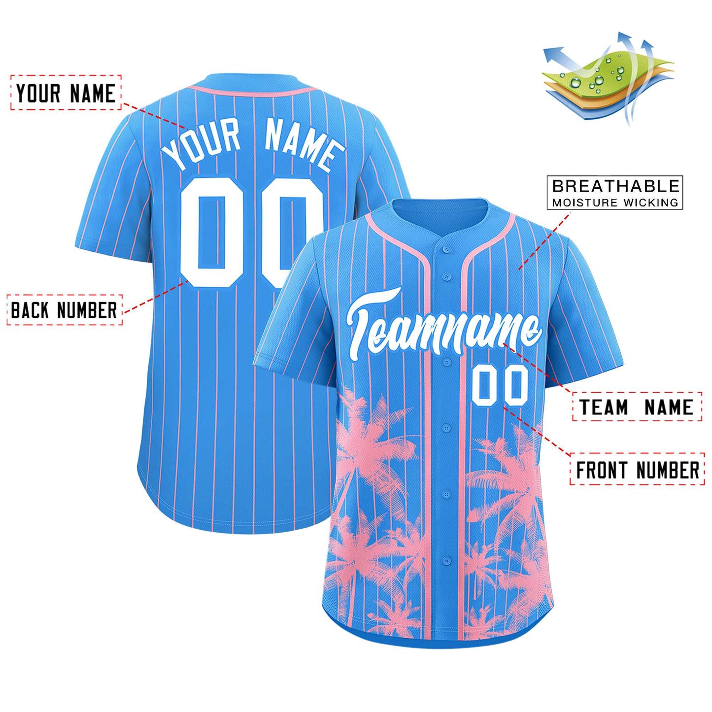 Custom Powder Blue Light Pink Pinstripe Coconut Tree Pattern Authentic Baseball Jersey