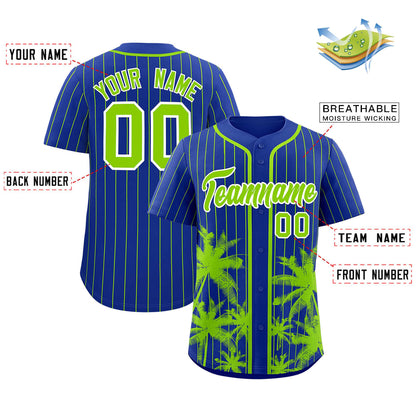 Custom Royal Neon Green Pinstripe Coconut Tree Pattern Authentic Baseball Jersey