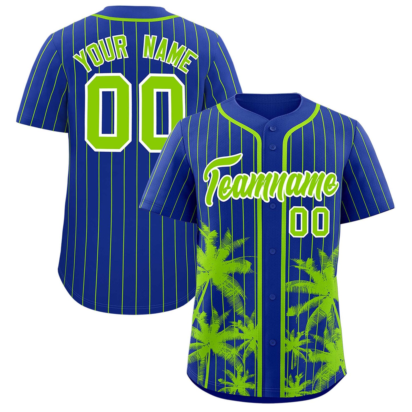 Custom Royal Neon Green Pinstripe Coconut Tree Pattern Authentic Baseball Jersey