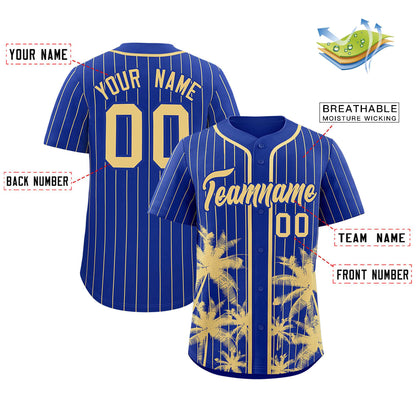 Custom Royal Khaki Pinstripe Coconut Tree Pattern Authentic Baseball Jersey