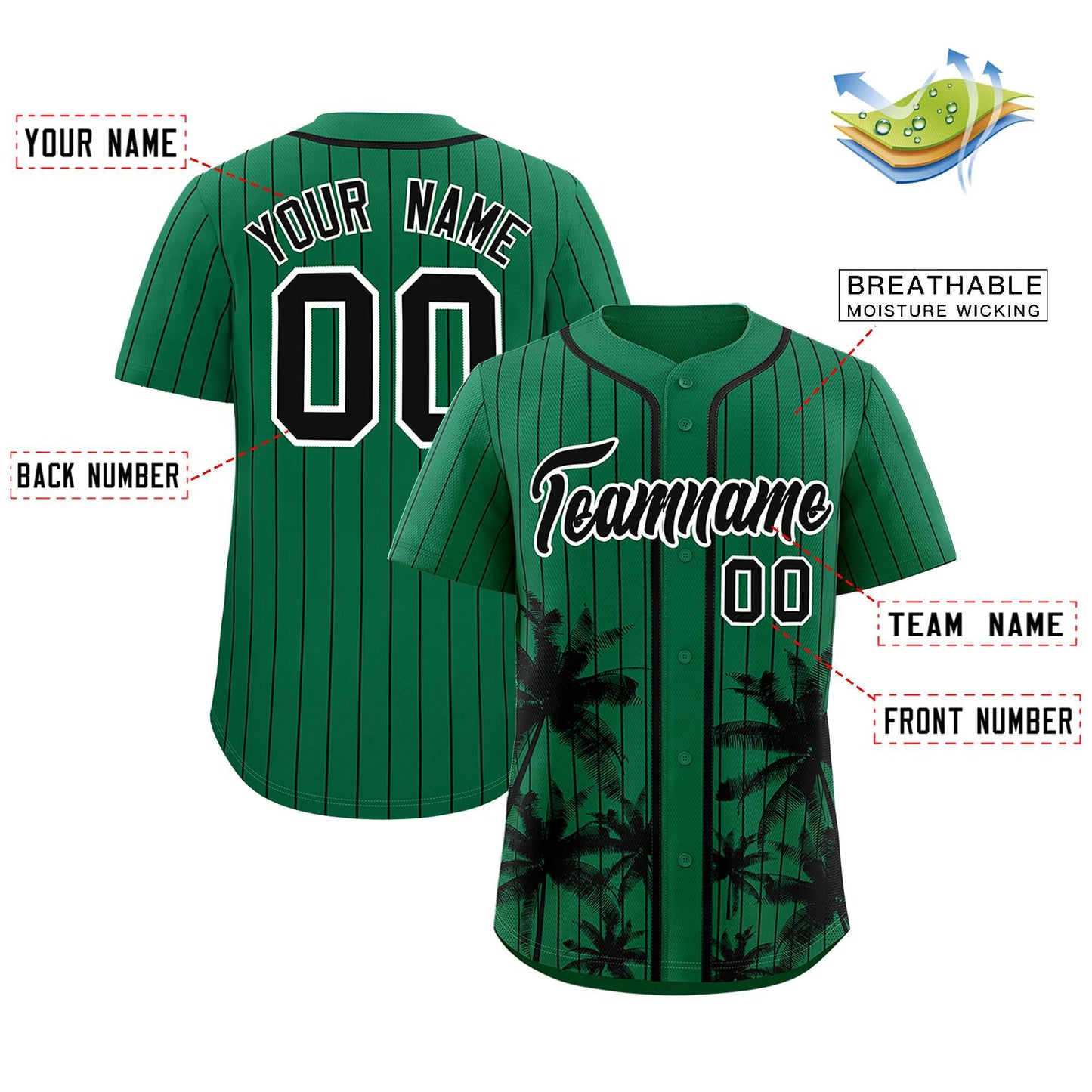 Custom Kelly Green Black Pinstripe Coconut Tree Pattern Authentic Baseball Jersey