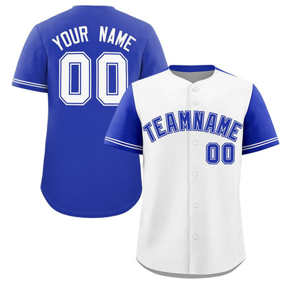 Custom White Royal Color Block Personalized Raglan Sleeves Authentic Baseball Jersey