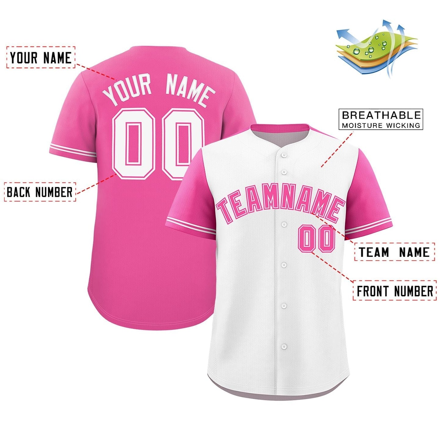 Custom White Pink Color Block Personalized Raglan Sleeves Authentic Baseball Jersey