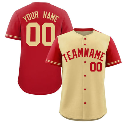 Custom Khaki Red Color Block Personalized Raglan Sleeves Authentic Baseball Jersey