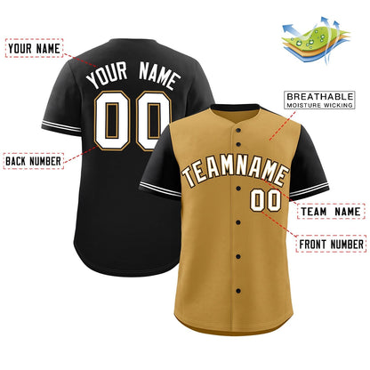 Custom Old Gold Black Color Block Personalized Raglan Sleeves Authentic Baseball Jersey