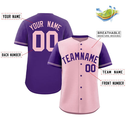 Custom Light Pink Purple Color Block Personalized Raglan Sleeves Authentic Baseball Jersey