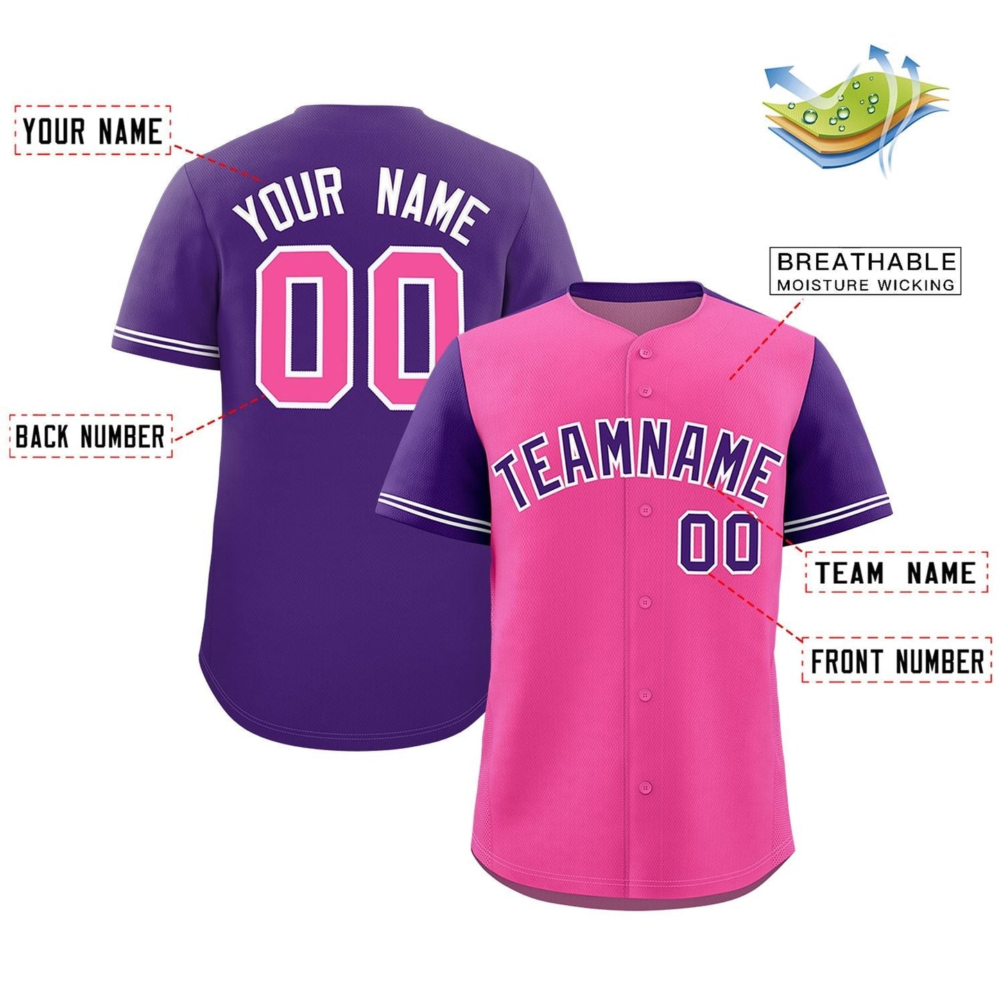 Custom Pink Purple Color Block Personalized Raglan Sleeves Authentic Baseball Jersey