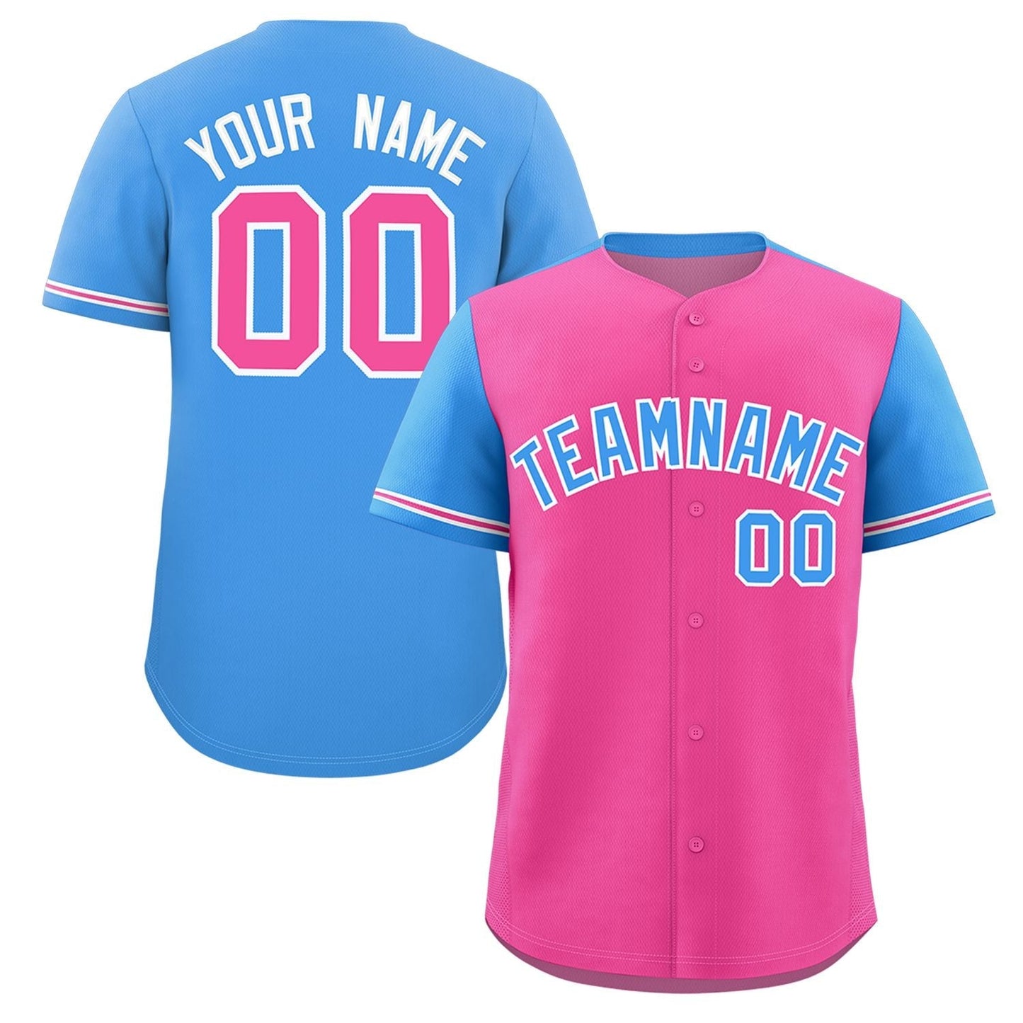 Custom Pink Powder Blue Color Block Personalized Raglan Sleeves Authentic Baseball Jersey