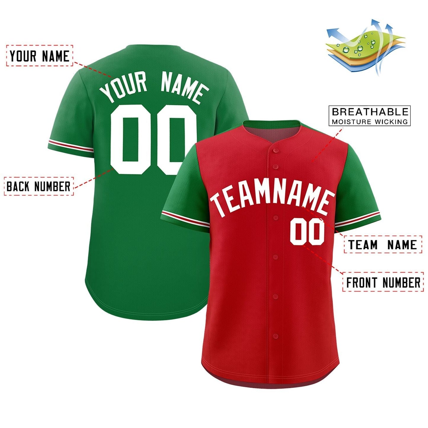 Custom Red Kelly Green Color Block Personalized Raglan Sleeves Authentic Baseball Jersey