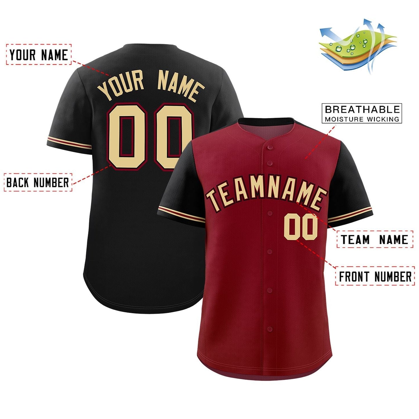 Custom Crimson Black Color Block Personalized Raglan Sleeves Authentic Baseball Jersey