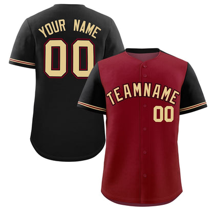 Custom Crimson Black Color Block Personalized Raglan Sleeves Authentic Baseball Jersey