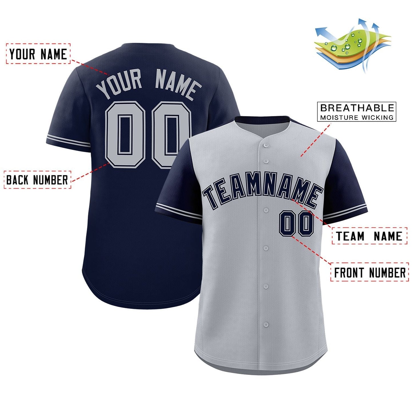 Custom Gray Navy Color Block Personalized Raglan Sleeves Authentic Baseball Jersey