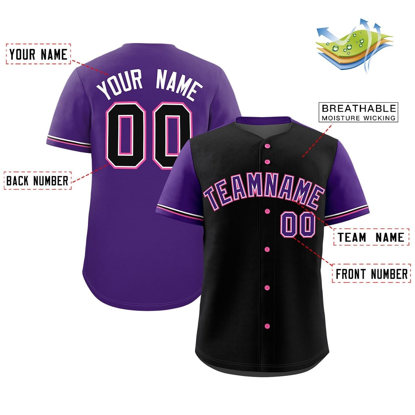 Custom Black Purple Color Block Personalized Raglan Sleeves Authentic Baseball Jersey