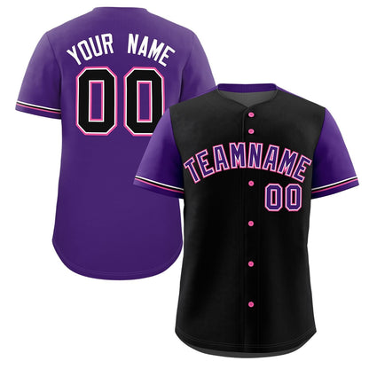 Custom Black Purple Color Block Personalized Raglan Sleeves Authentic Baseball Jersey