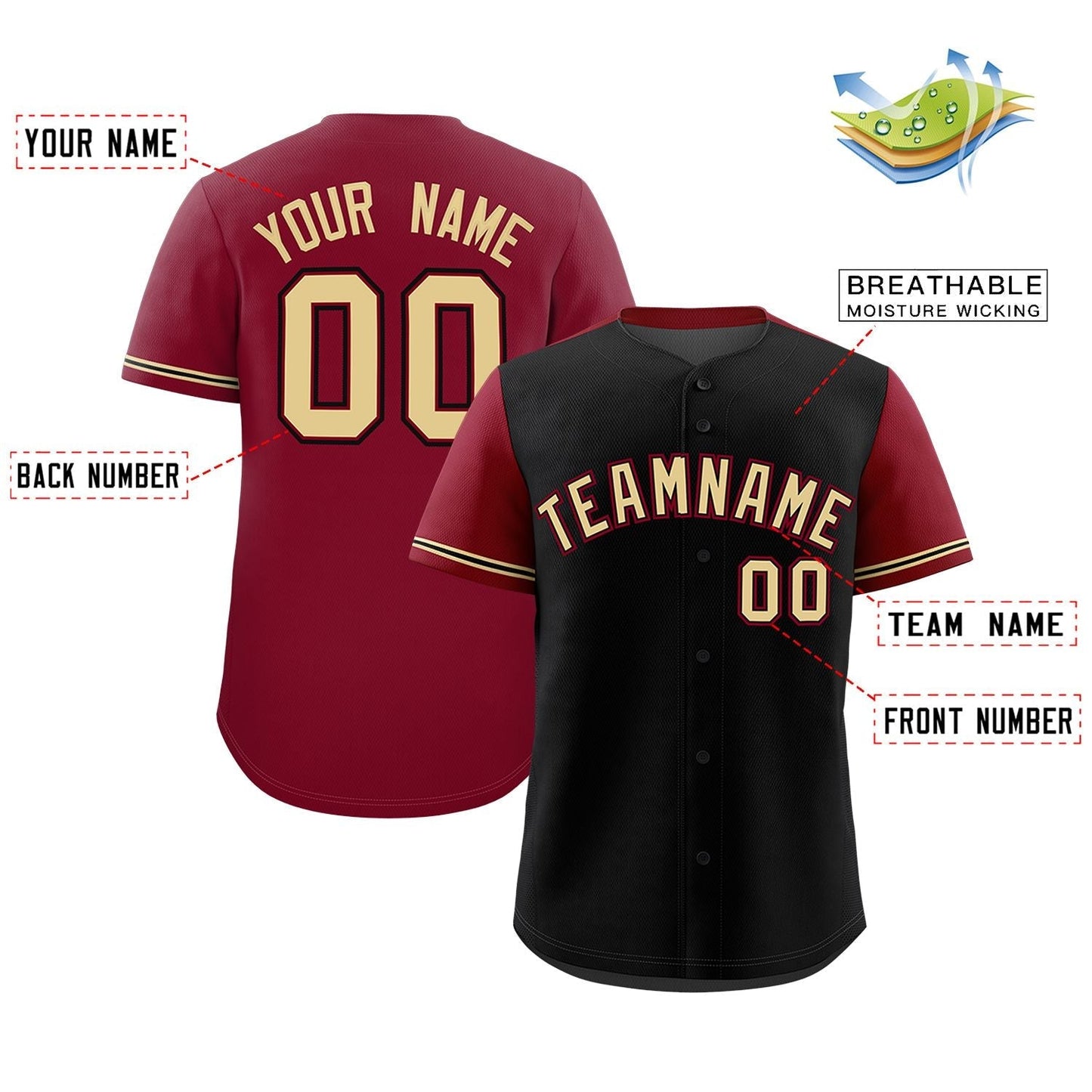 Custom Black Crimson Color Block Personalized Raglan Sleeves Authentic Baseball Jersey