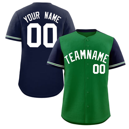 Custom Kelly Green Navy Color Block Personalized Raglan Sleeves Authentic Baseball Jersey