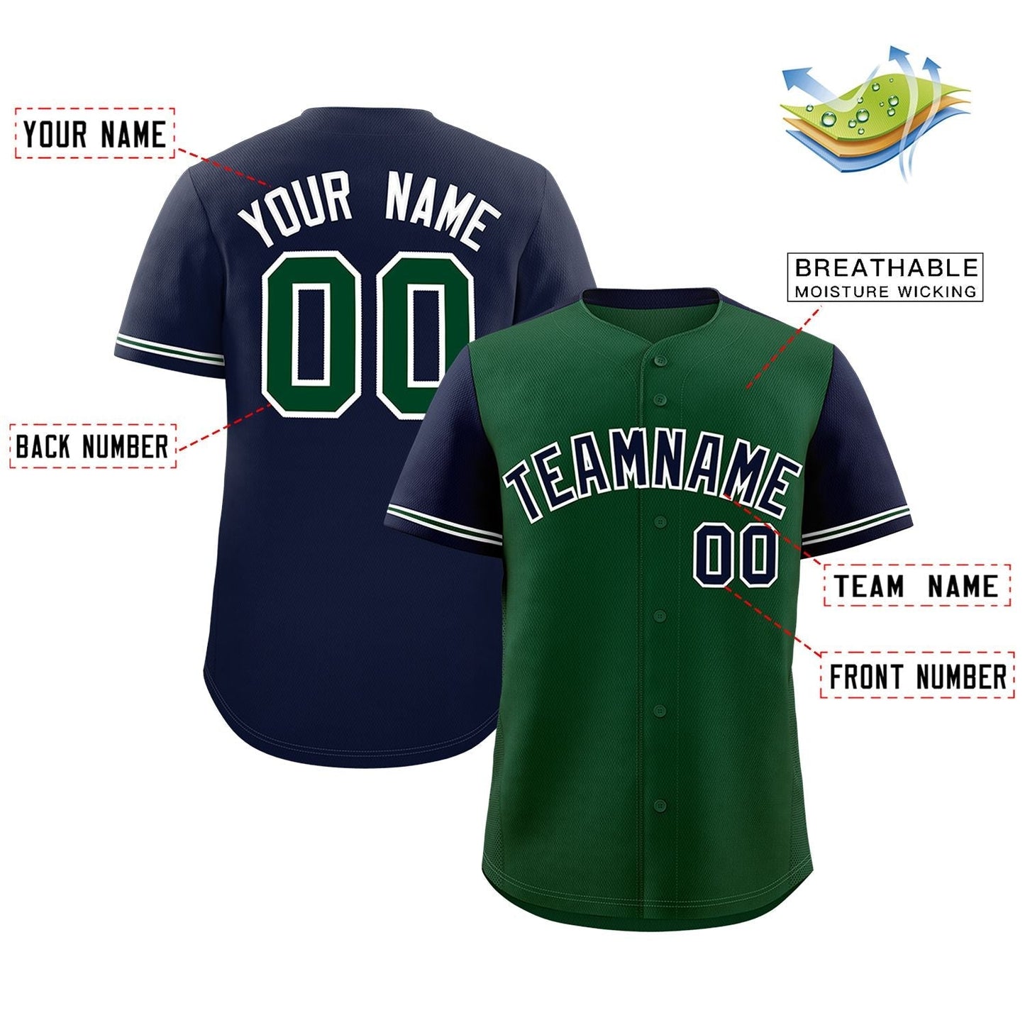 Custom Green Navy Color Block Personalized Raglan Sleeves Authentic Baseball Jersey