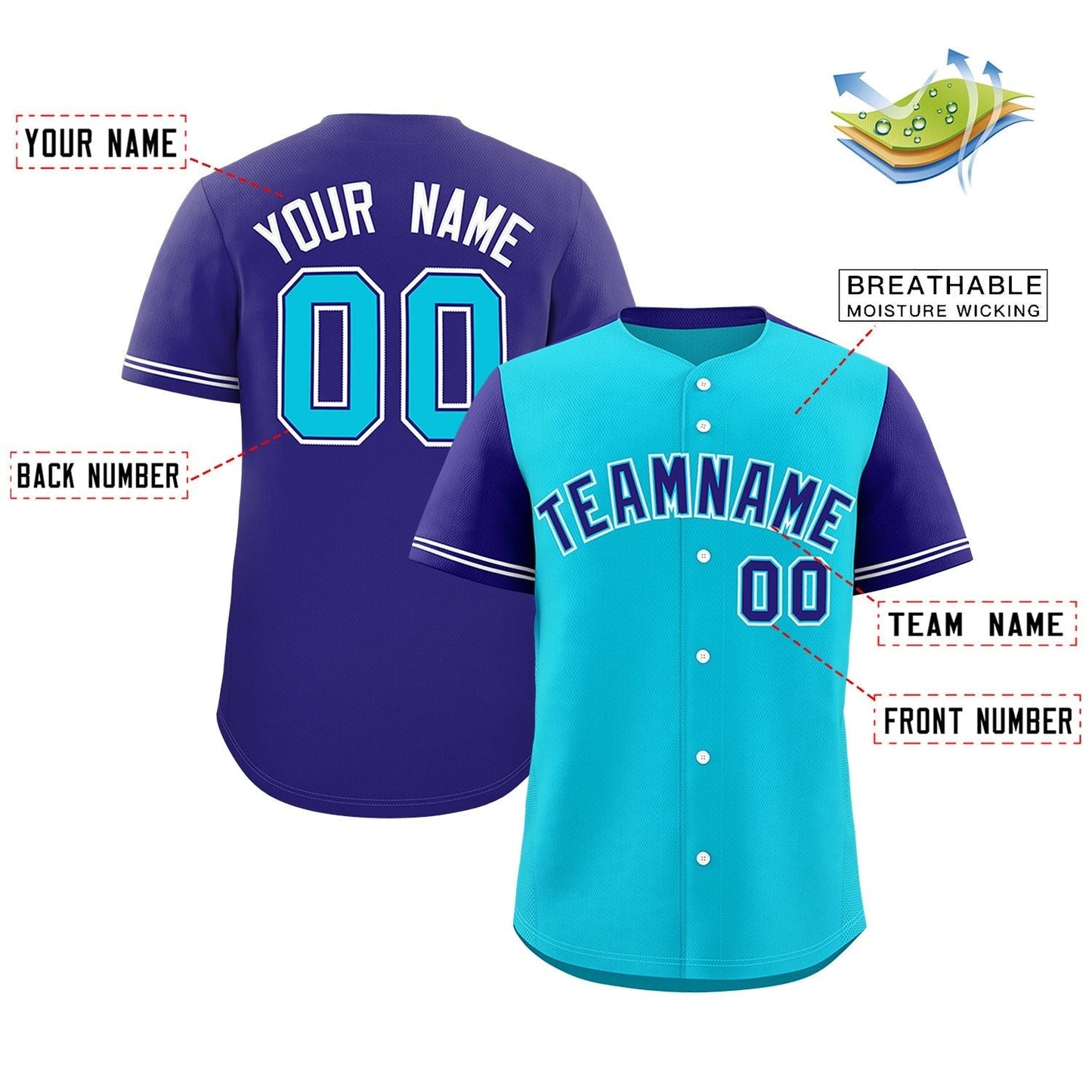 Custom Sky Blue Violet Color Block Personalized Raglan Sleeves Authentic Baseball Jersey