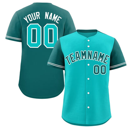 Custom Light Green Aqua Color Block Personalized Raglan Sleeves Authentic Baseball Jersey