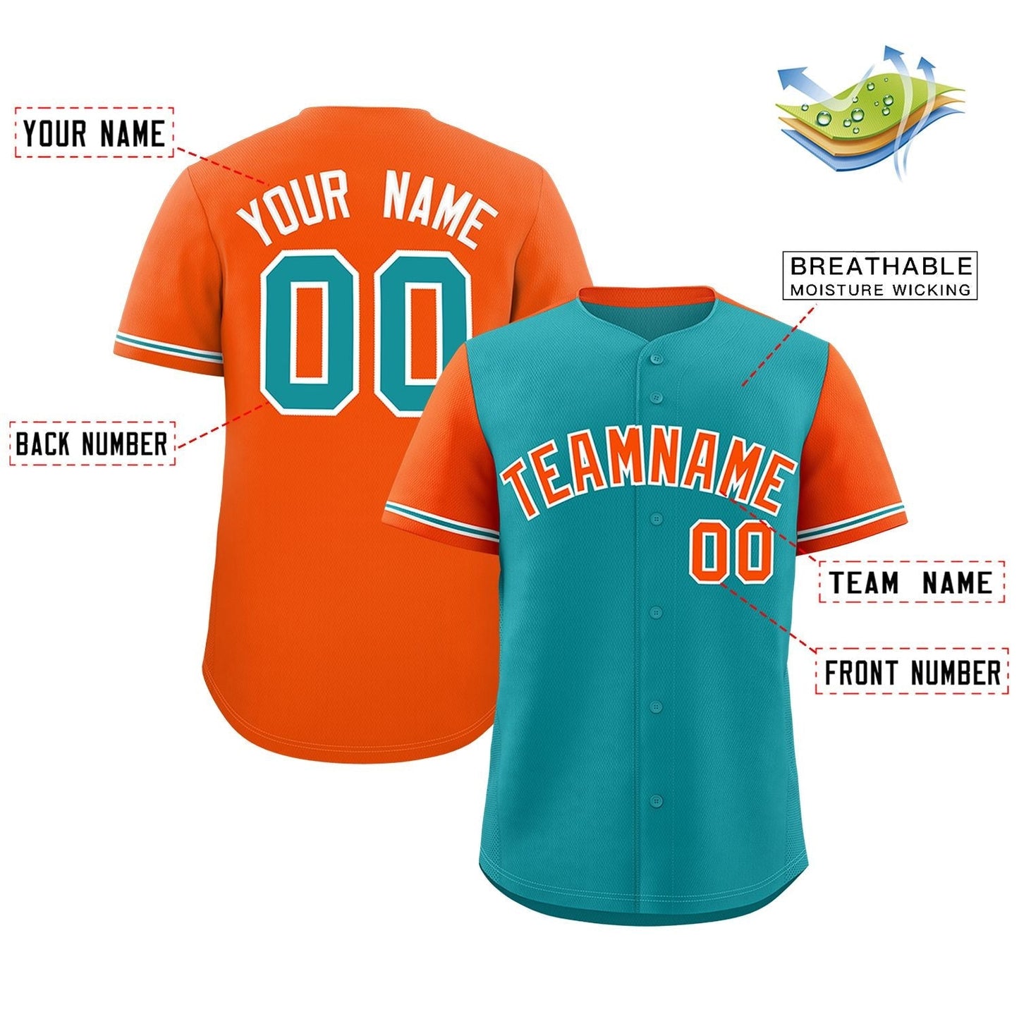 Custom Aqua Orange Color Block Personalized Raglan Sleeves Authentic Baseball Jersey